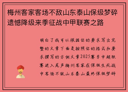 梅州客家客场不敌山东泰山保级梦碎遗憾降级来季征战中甲联赛之路